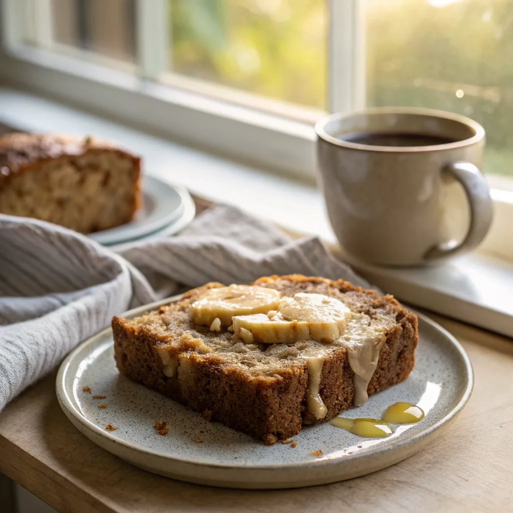 Banana Apple Bread – The Ultimate Moist and Fruity Loaf Guide 9 Warm slice of banana apple bread with butter served on a plate
