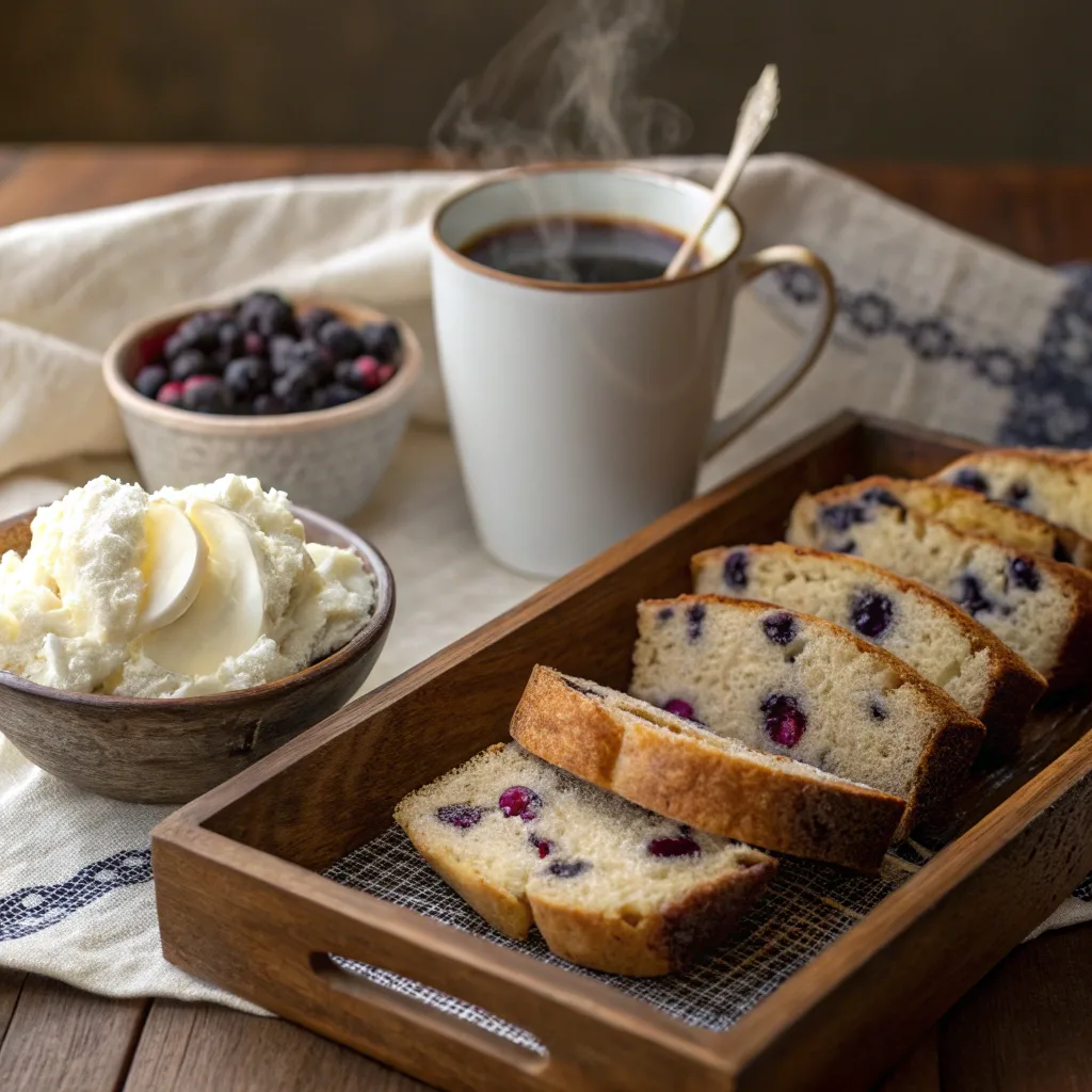 Blueberry Banana Bread – The Ultimate Moist & Fruity Loaf Guide 9 Blueberry banana bread served with coffee and toppings
