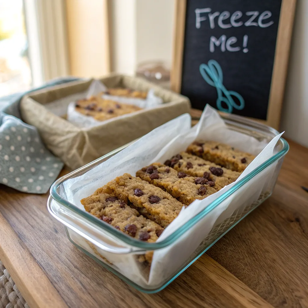 The Best Banana Chocolate Chip Bars Recipe for Easy, Moist & Delicious Snacking 7 Storing banana chocolate chip bars in a container for freezing