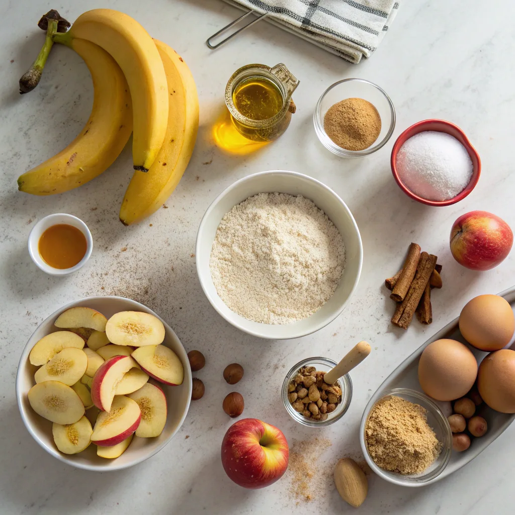 Banana Apple Bread – The Ultimate Moist and Fruity Loaf Guide 7 Ingredients for banana apple bread recipe on kitchen counter