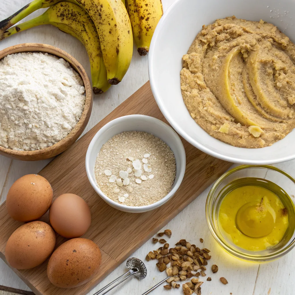 Healthy Banana Bread – The Ultimate Guide to Guilt-Free, Moist, and Delicious Loaf 7 ingredients for healthy banana bread on a kitchen counter