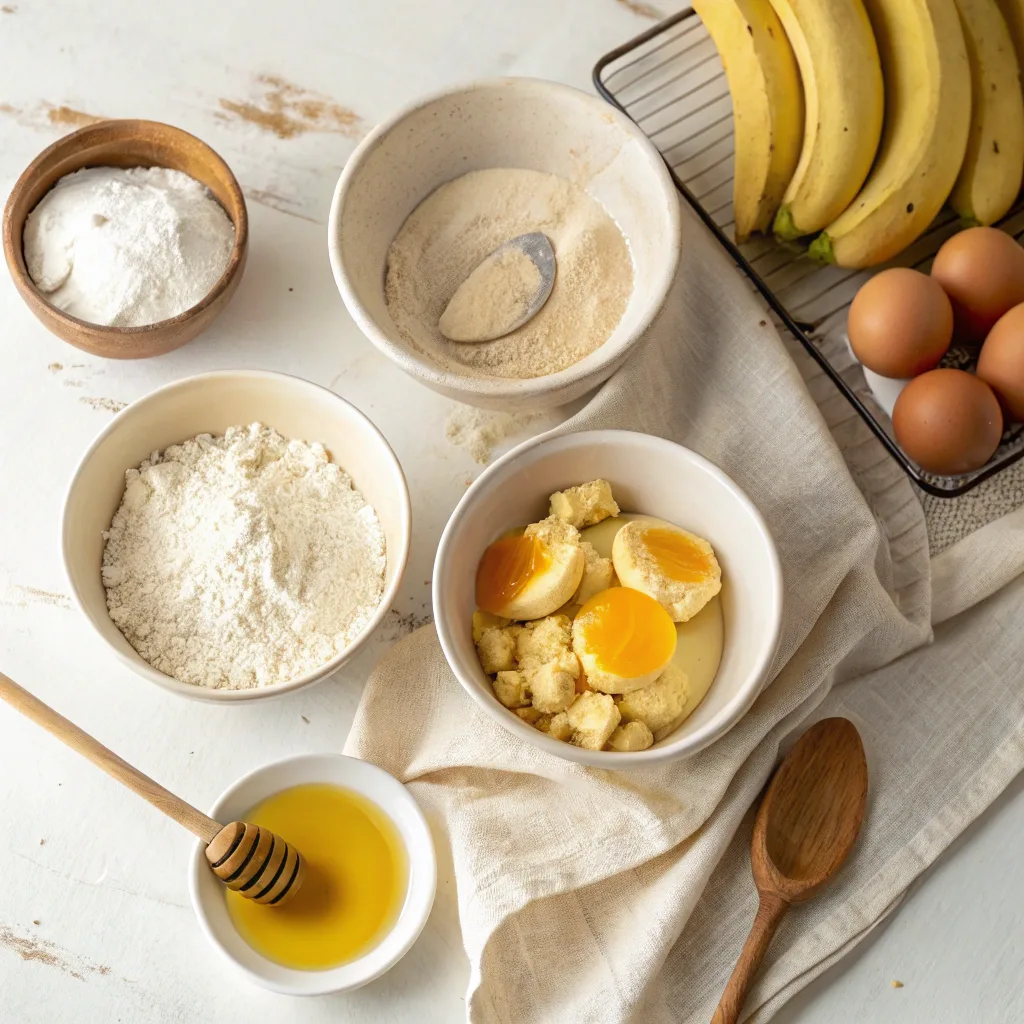 4 Ingredient Banana Bread – The Easiest Homemade Loaf You'll Ever Make 7 4 ingredient banana bread ingredients in labeled bowls