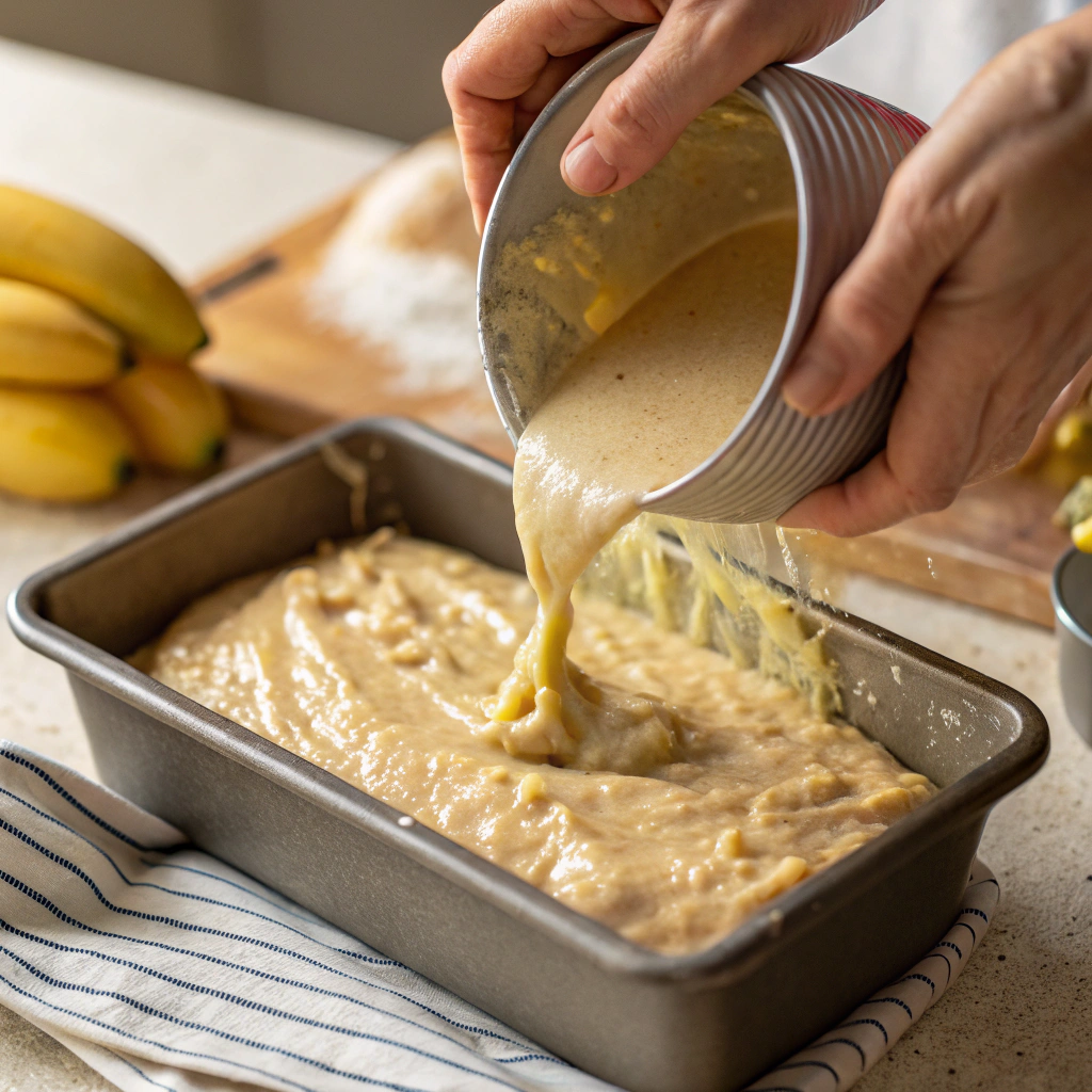 No Sugar Added Banana Bread – The Ultimate Guide to Healthy & Delicious Baking 8 pouring batter for no sugar added banana bread
