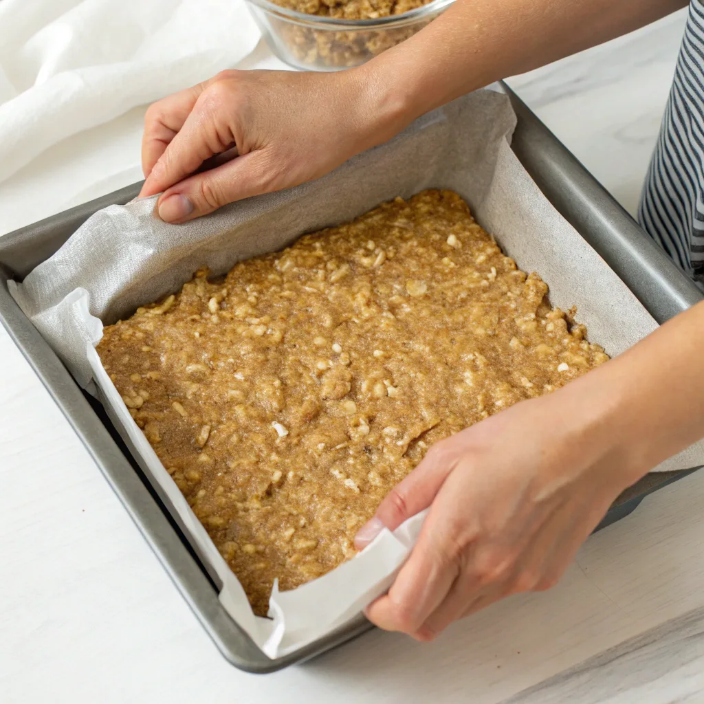 Peanut Butter Banana Oatmeal Bars – The Ultimate Healthy Snack Guide 6 Pressing peanut butter banana oatmeal bar mixture into pan