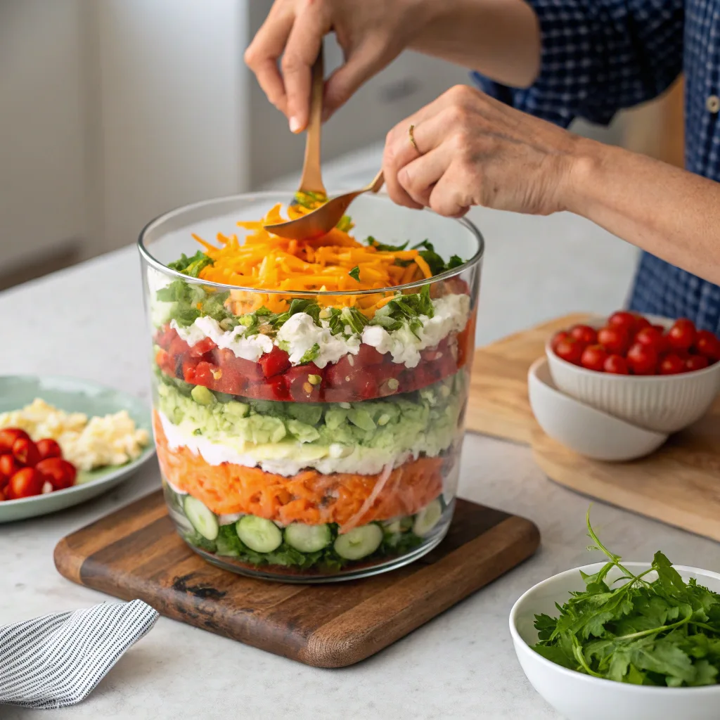 Layering seven layer salad step-by-step in a trifle dish