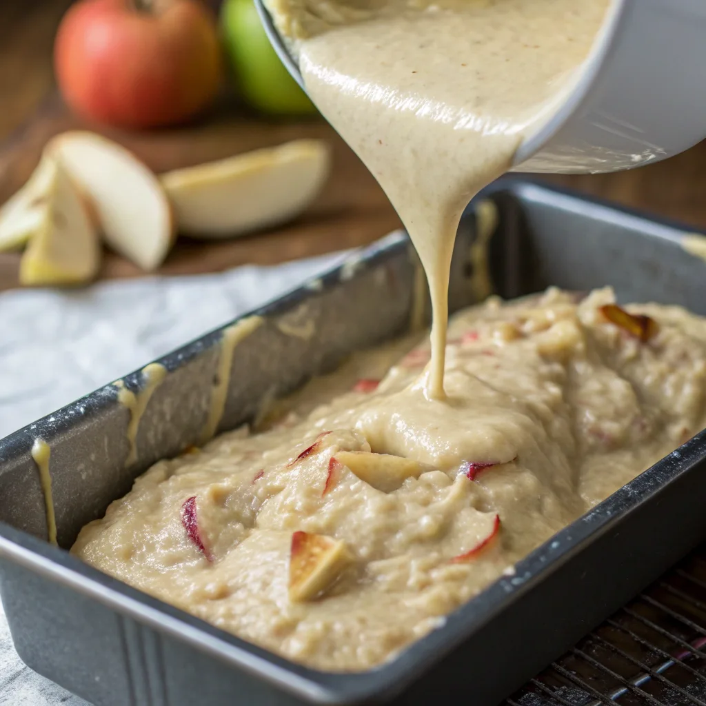 Banana Apple Bread – The Ultimate Moist and Fruity Loaf Guide 8 Banana apple bread batter being poured into a loaf pan