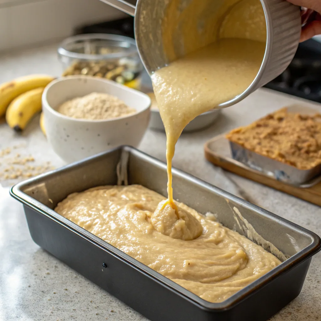 The Best Banana Bread 2 Bananas Recipe You’ll Ever Bake 8 pouring banana bread 2 bananas batter into loaf pan