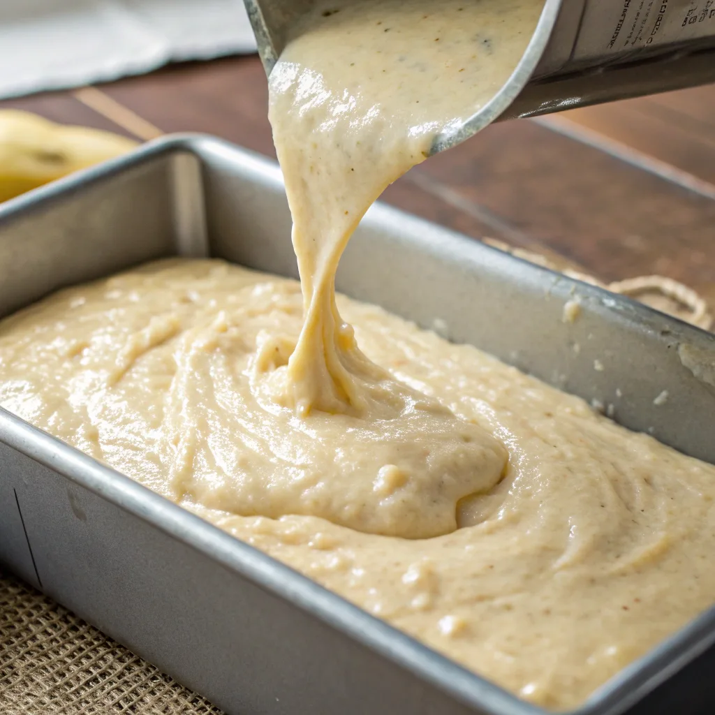 Banana Bread Recipe No Eggs – The Ultimate Guide to Moist, Eggless Banana Bread 8 Pouring batter for banana bread recipe no eggs
