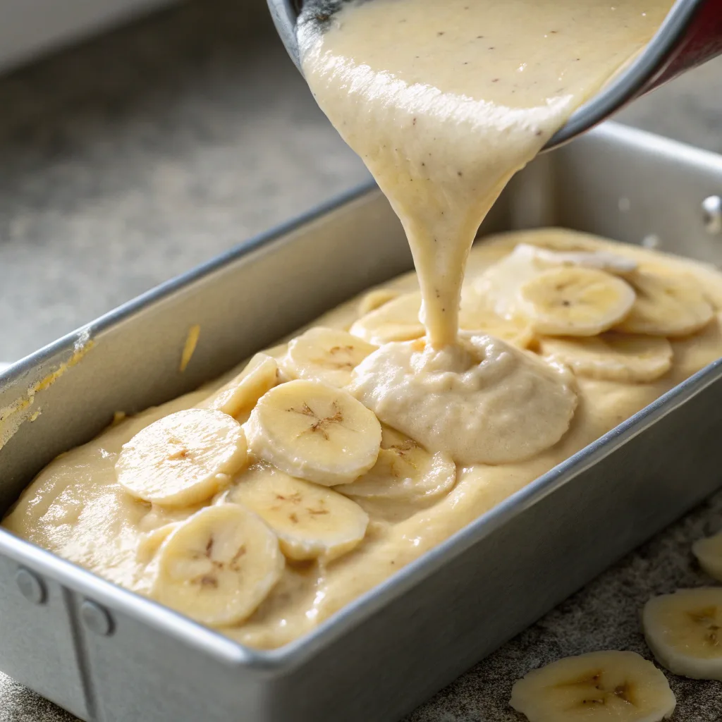 Healthy Banana Bread – The Ultimate Guide to Guilt-Free, Moist, and Delicious Loaf 8 pouring healthy banana bread batter into loaf pan