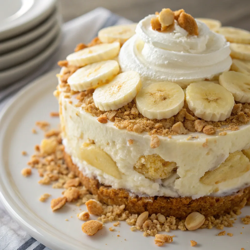 The Best Banana Pudding Cake Recipe to Wow Every Crowd 9 topped banana pudding cake with wafers and cream