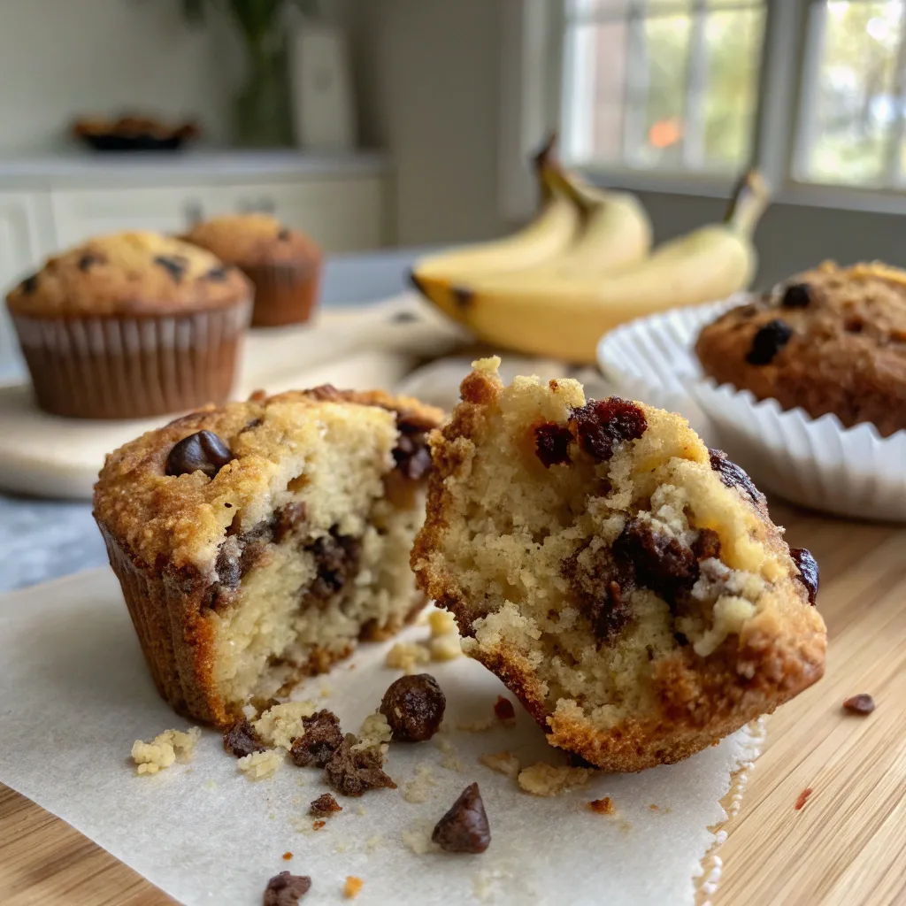 Banana Bread Chocolate Chip Muffins: The Best Moist and Easy Recipe 8 moist banana bread chocolate chip muffin with melty chocolate