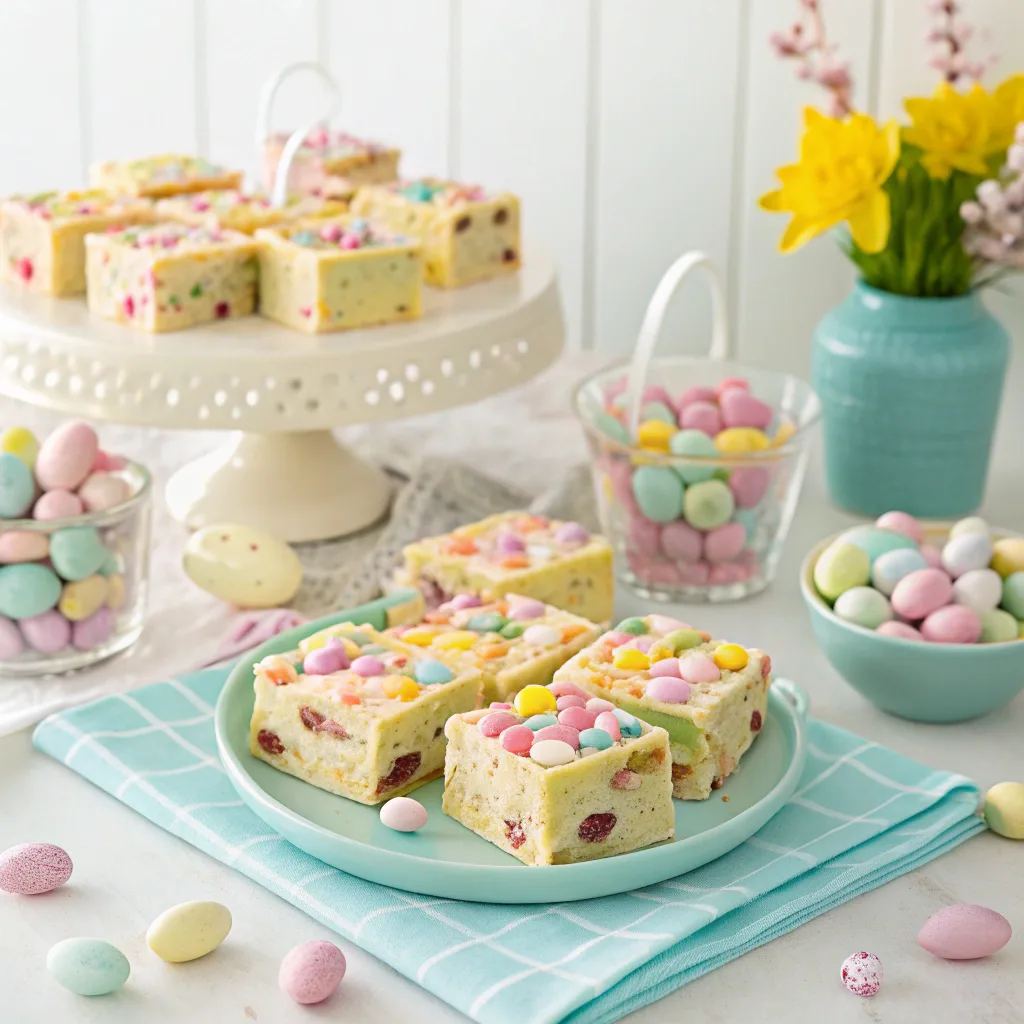 Decorated No-Bake Easter Rocky Road Bars on Easter table