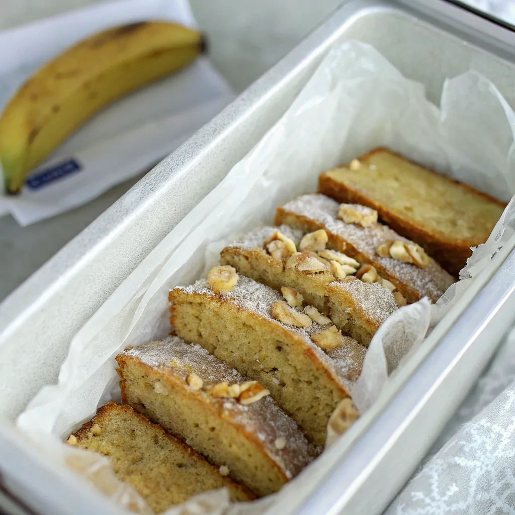 Healthy Banana Bread – The Ultimate Guide to Guilt-Free, Moist, and Delicious Loaf 9 sliced healthy banana bread stored in freezer container