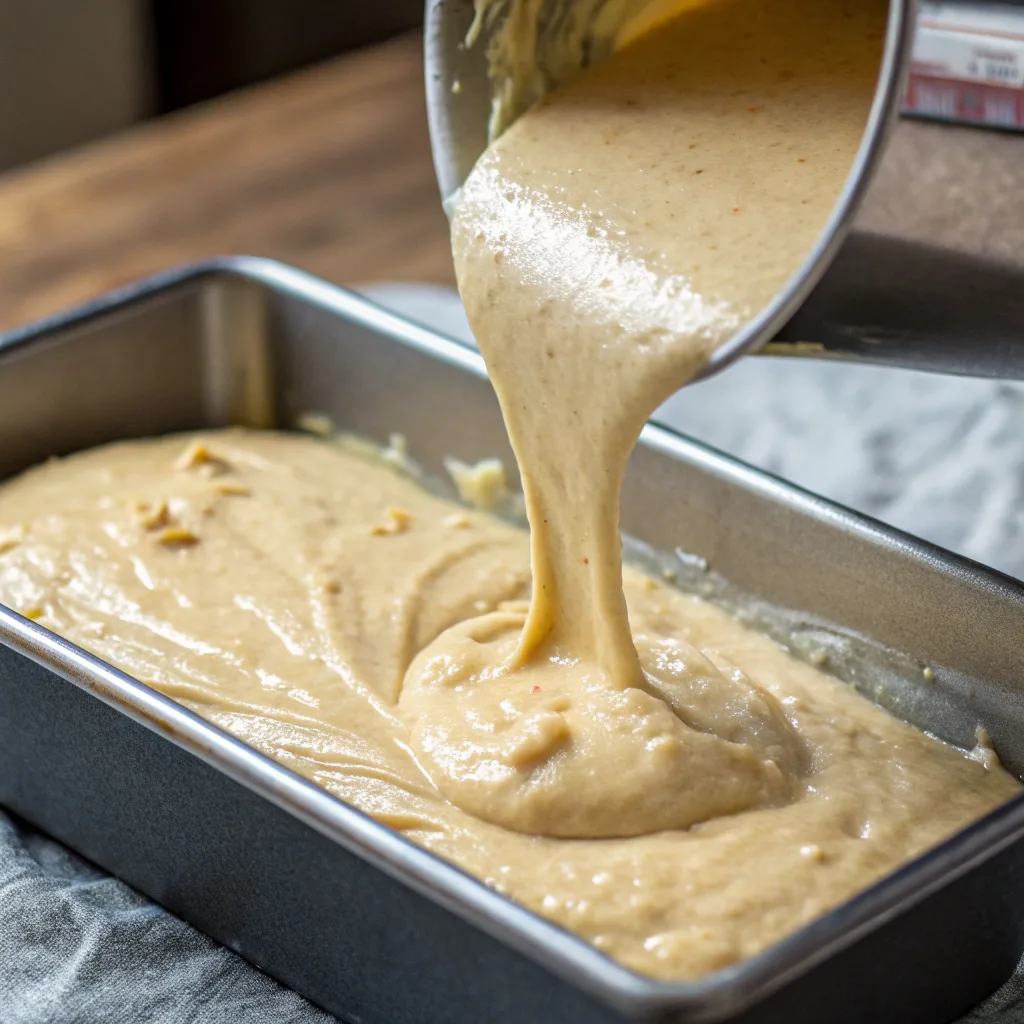 Healthy Yogurt Banana Bread – The Ultimate Moist and Guilt-Free Recipe Guide 8 Pouring healthy yogurt banana bread batter into pan