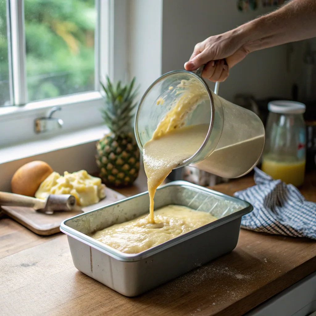 Moist & Tropical Banana Pineapple Bread That’ll Make Your Kitchen Smell Amazing 8 Pouring banana pineapple bread batter into loaf pan