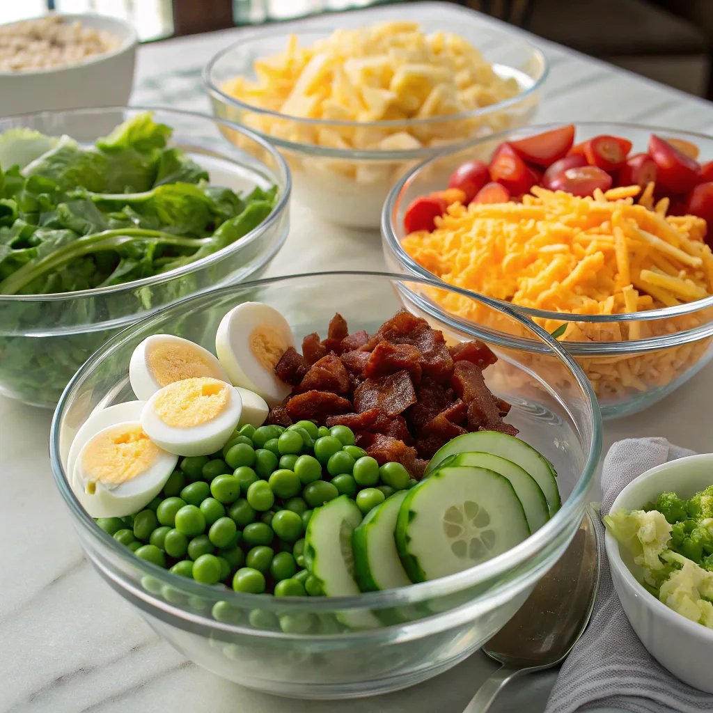  Ingredients used in a seven layer salad recipe on kitchen counter