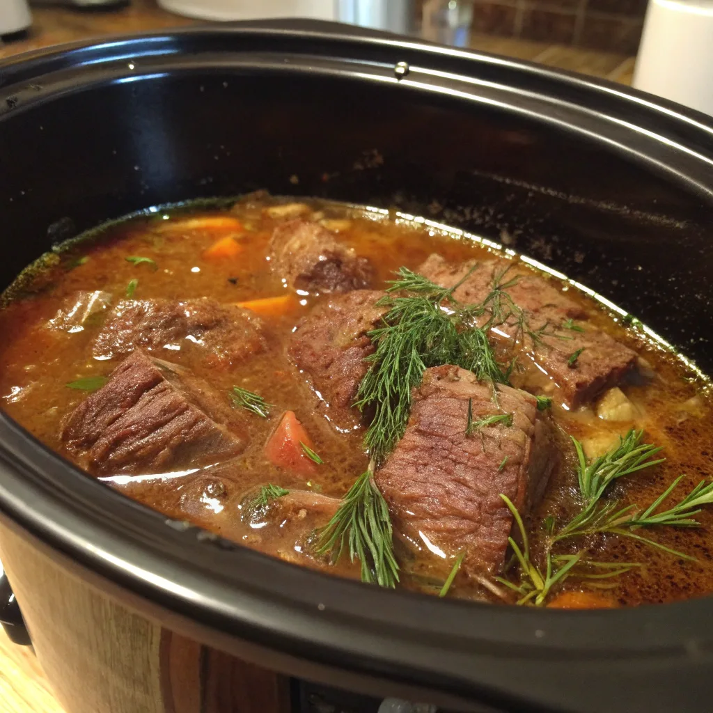 Slow Cooker Dilled Pot Roast cooking in crockpot