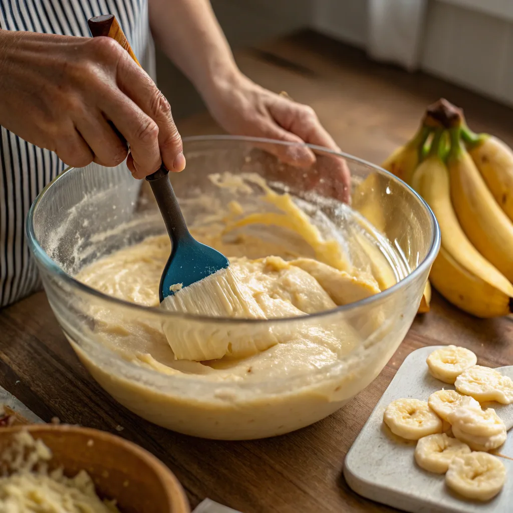 Banana Pudding Bundt Cake: The Ultimate Moist & Southern Dessert Recipe Guide 8 Folding bananas into banana pudding bundt cake batter