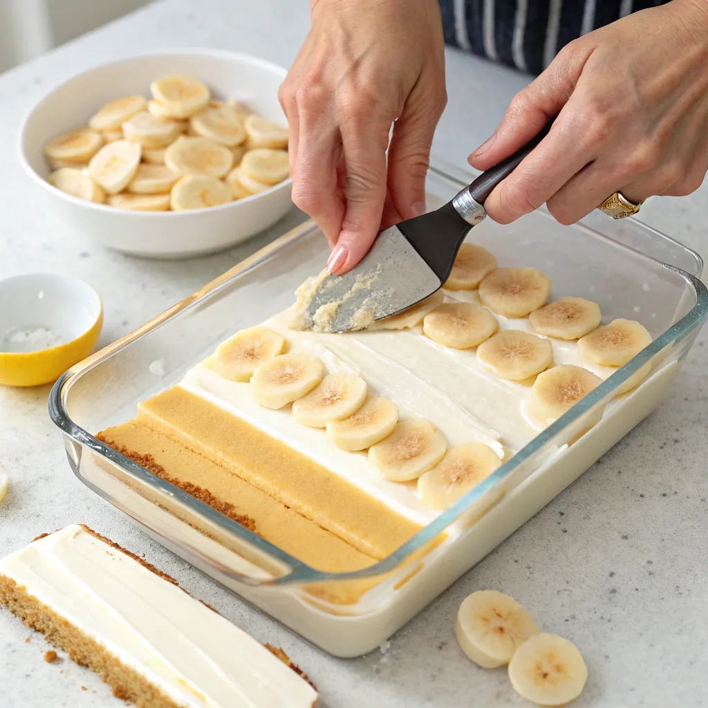Banana Pudding Cheesecake Bars: The Best Sweet Southern-Inspired Treat Ever 8 Layering cheesecake and banana pudding in a baking dish
