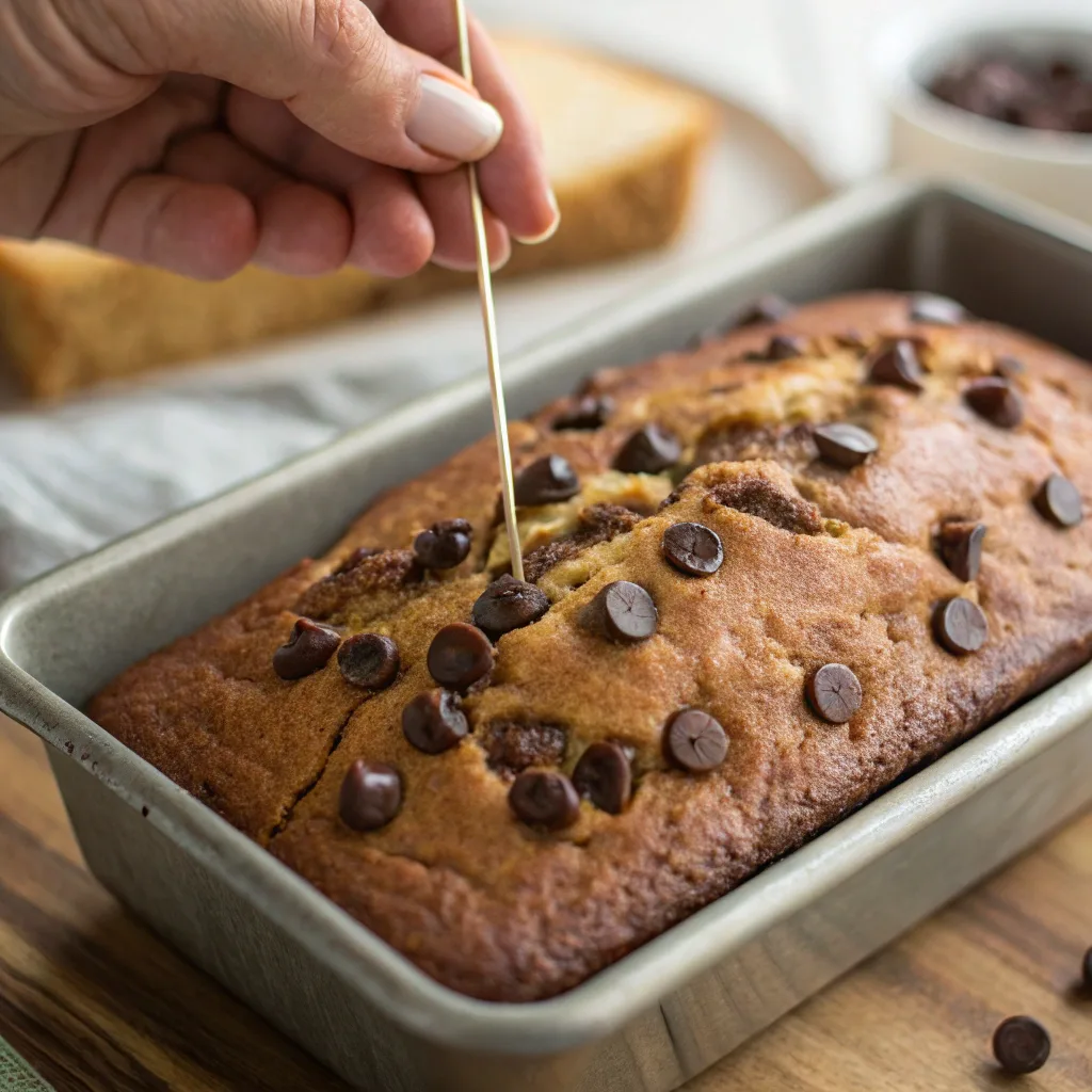 The Best Chocolate Chip Banana Bread You’ll Ever Bake (Moist, Easy & Irresistible) 9 Toothpick test on chocolate chip banana bread
