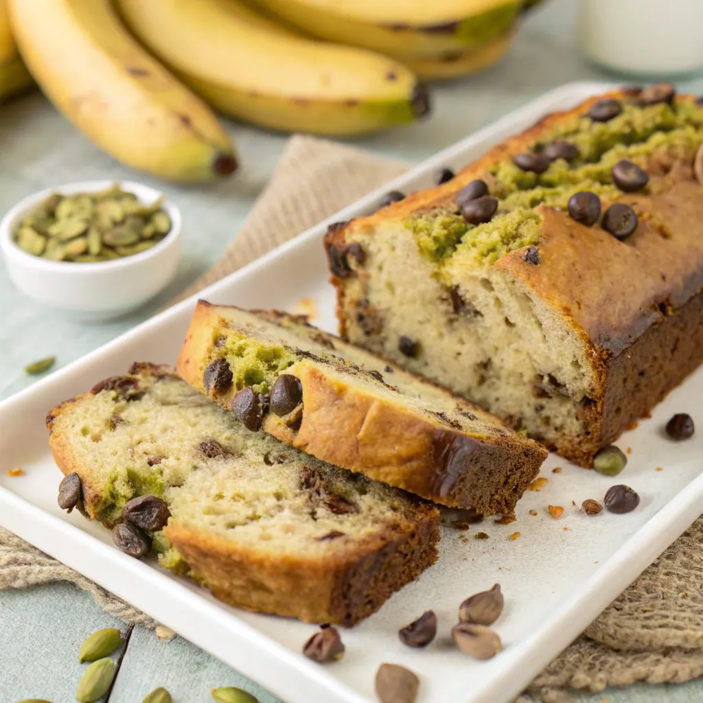 Chocolate Chip Banana Bread with Pistachio Butter – A Sweet & Nutty Twist You Need to Try 7 banana bread slice with chocolate and pistachio butter