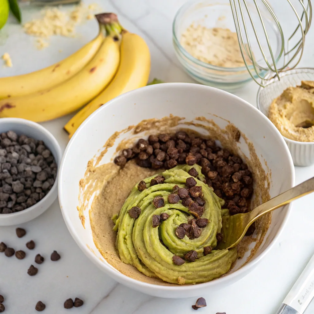 Chocolate Chip Banana Bread with Pistachio Butter – A Sweet & Nutty Twist You Need to Try 8 mixing banana bread batter with pistachio and chocolate
