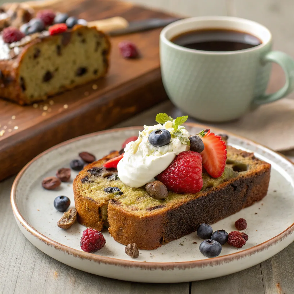 Chocolate Chip Banana Bread with Pistachio Butter – A Sweet & Nutty Twist You Need to Try 9 banana bread slice with yogurt, berries, and pistachio