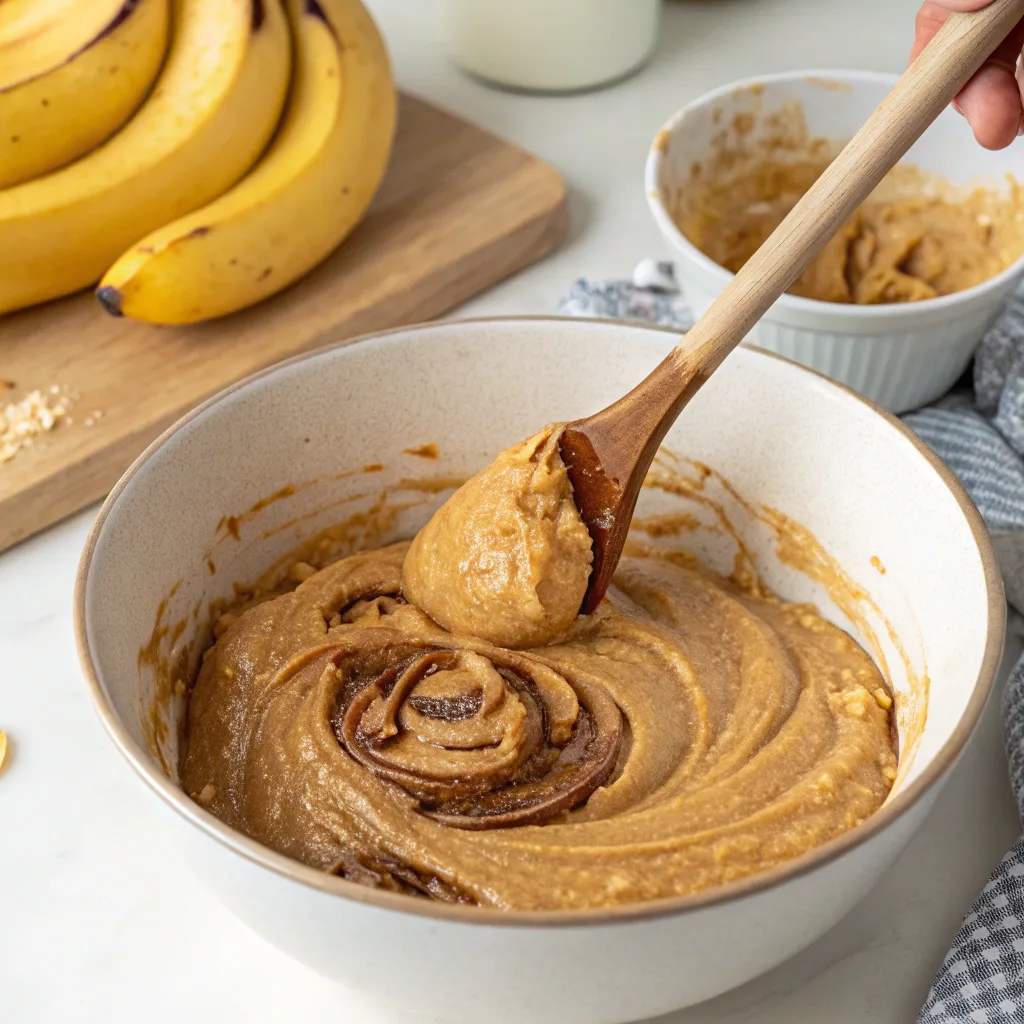 Easy Banana Peanut Butter Bread – The Ultimate One Bowl Recipe for Breakfast or Snack 6 Mixing banana bread batter with peanut butter in one bowl