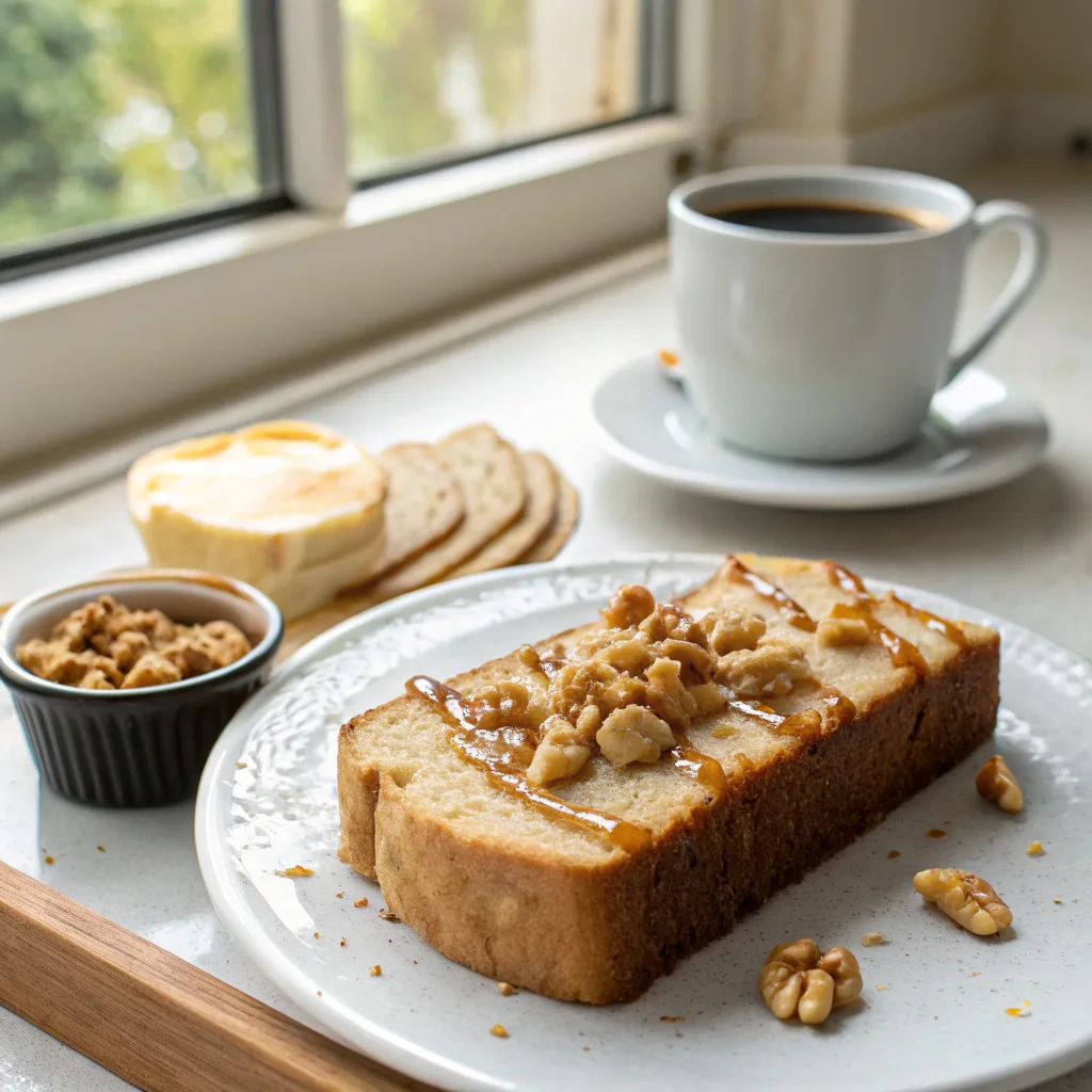 Easy Banana Peanut Butter Bread – The Ultimate One Bowl Recipe for Breakfast or Snack 7 Toasted banana peanut butter bread slice with honey and coffee