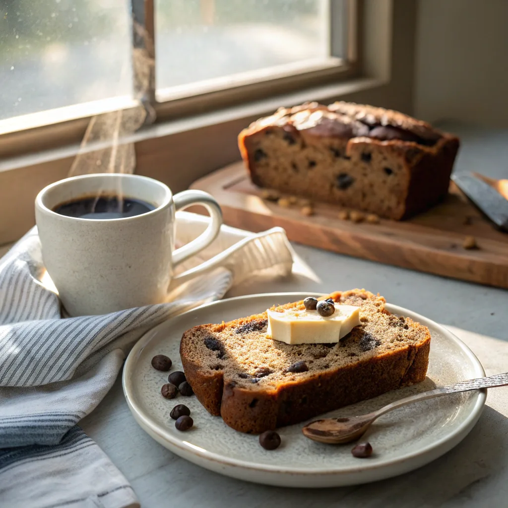 Easy Chocolate Chip Banana Bread – The Ultimate Moist & Foolproof Loaf Guide 7 Slice of easy chocolate chip banana bread served with coffee and butter