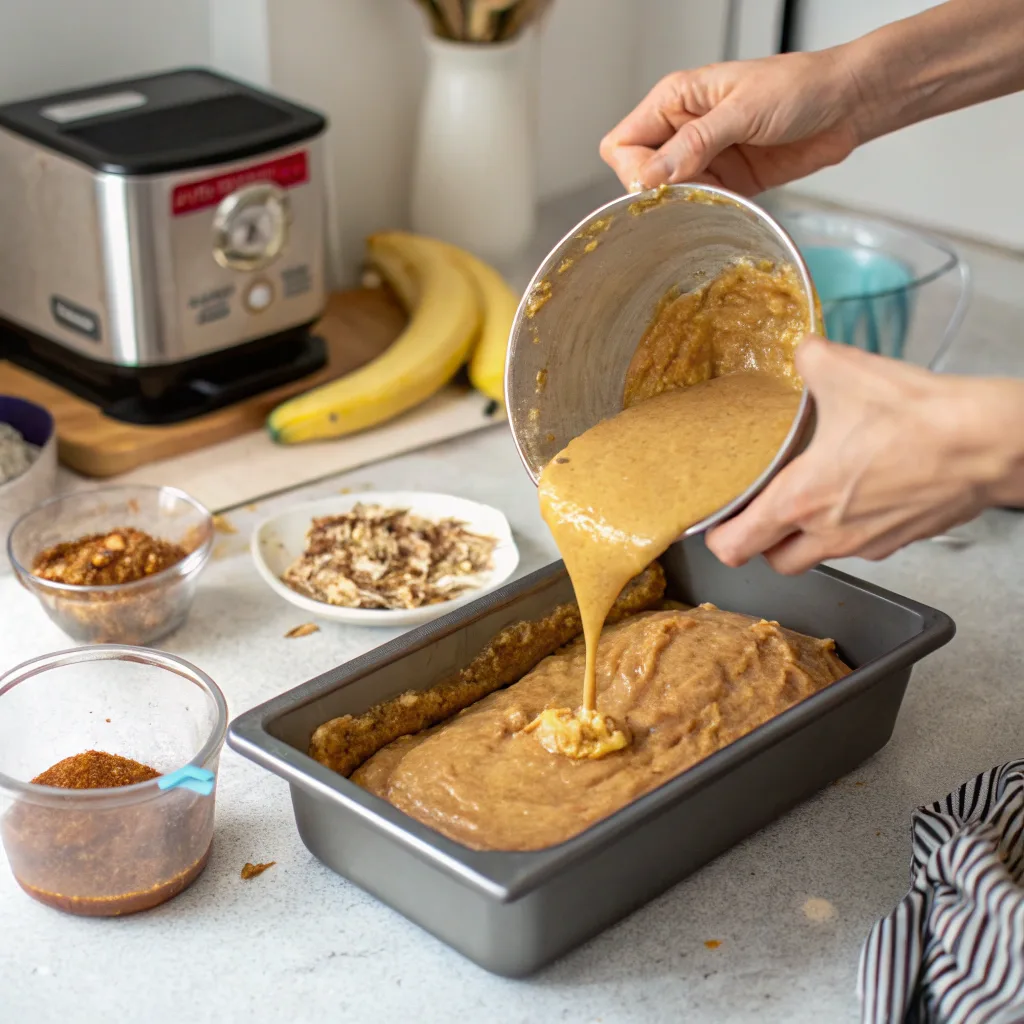 Healthy Peanut Butter Banana Bread – The Best Moist and Nutritious Recipe for Every Kitchen 8 pouring healthy peanut butter banana bread batter into loaf pan
