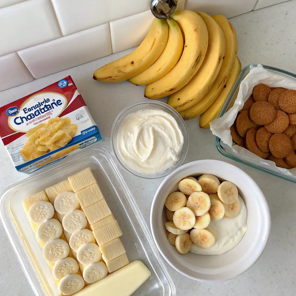 Banana Pudding Cheesecake Bars: The Best Sweet Southern-Inspired Treat Ever 7 Ingredients for banana pudding cheesecake bars on a counter