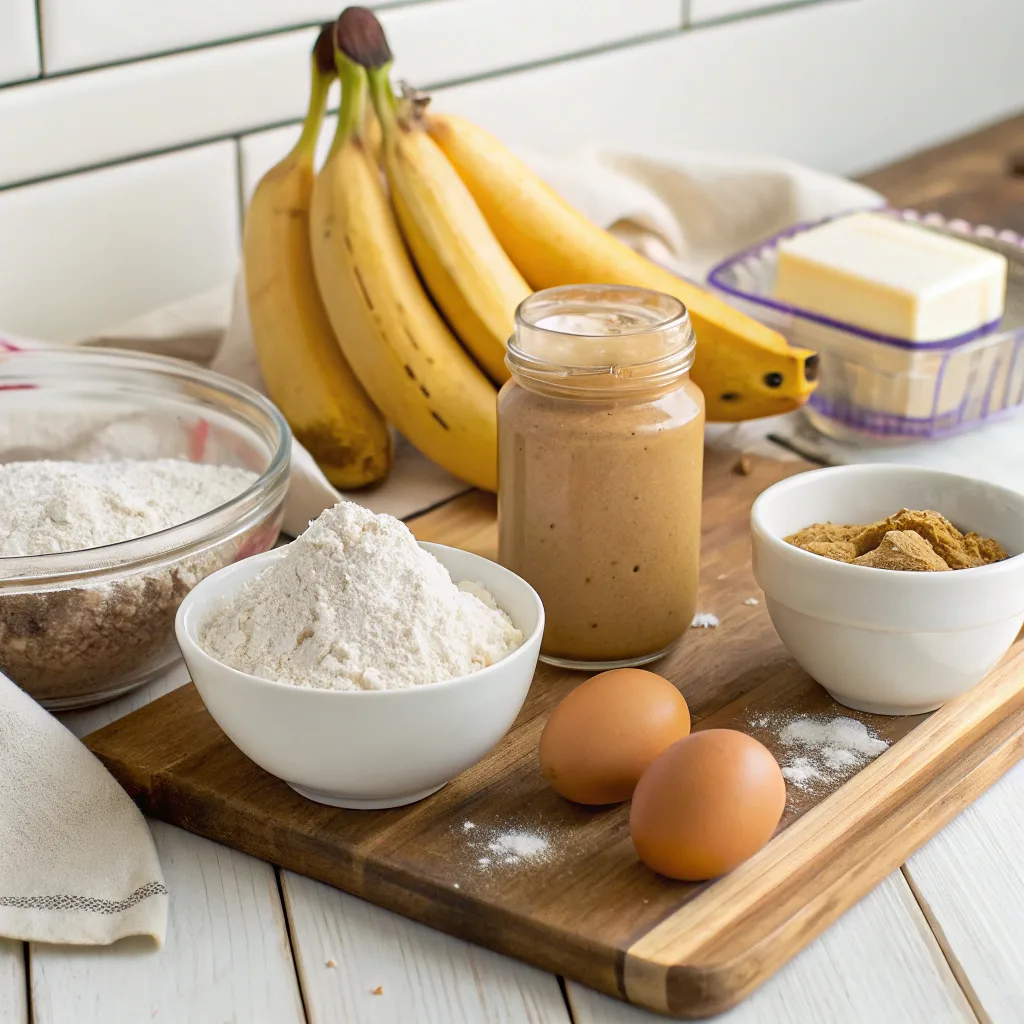 Banana and Peanut Butter Bread: The Ultimate Guide to a Comforting Classic 6 flat lay of banana and peanut butter bread ingredients on wooden counter