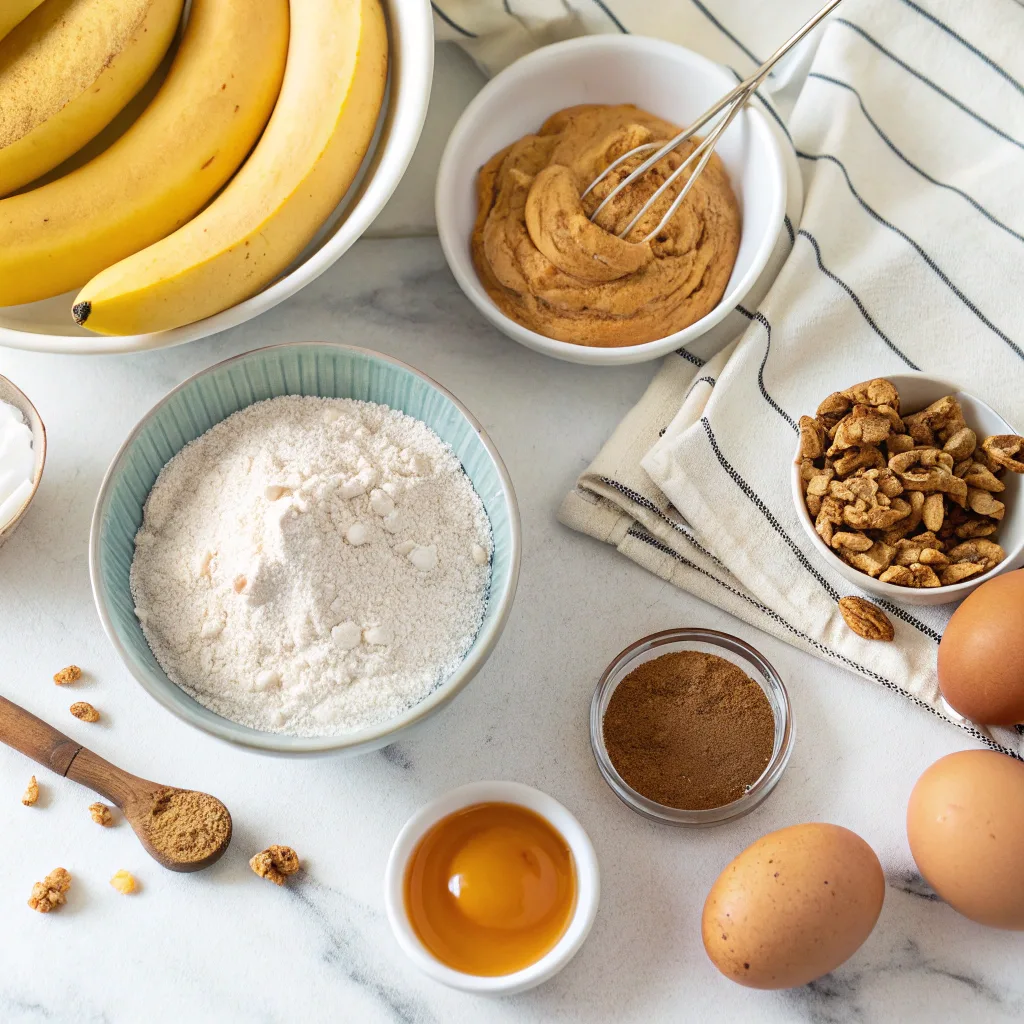 Healthy Peanut Butter Banana Bread – The Best Moist and Nutritious Recipe for Every Kitchen 7 healthy banana bread recipe ingredients on counter