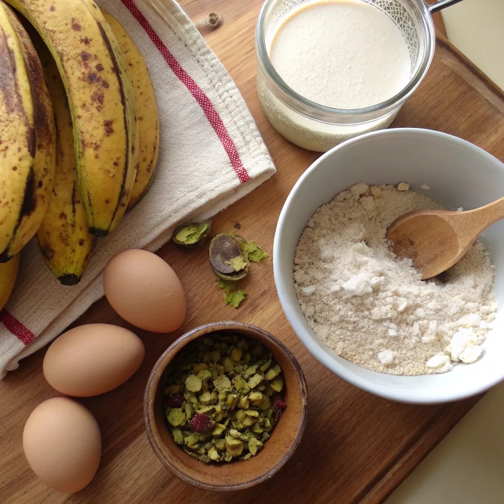 Pistachio Butter Banana Bread: A Moist, Nutty Twist You’ll Crave Again 7 banana bread ingredients with pistachio butter on wooden table