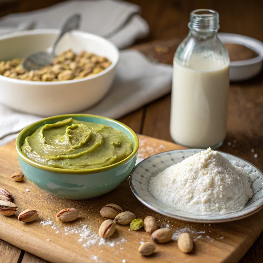 Pistachio Butter Mug Cake – The Ultimate Nutty Microwave Treat 7 Ingredients for pistachio butter mug cake on table