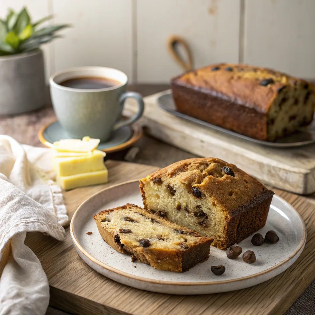 One Bowl Chocolate Chip Banana Bread – The Ultimate Moist & Easy Recipe Guide 9 Slice of one bowl chocolate chip banana bread with coffee