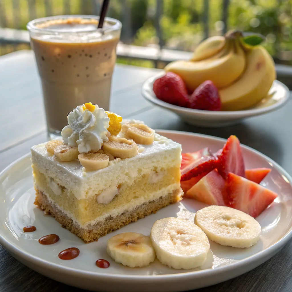 Pineapple Banana Pudding Cake – The Best Moist & Tropical Dessert Fusion You’ll Crave 7 Served Pineapple Banana Pudding Cake with iced coffee