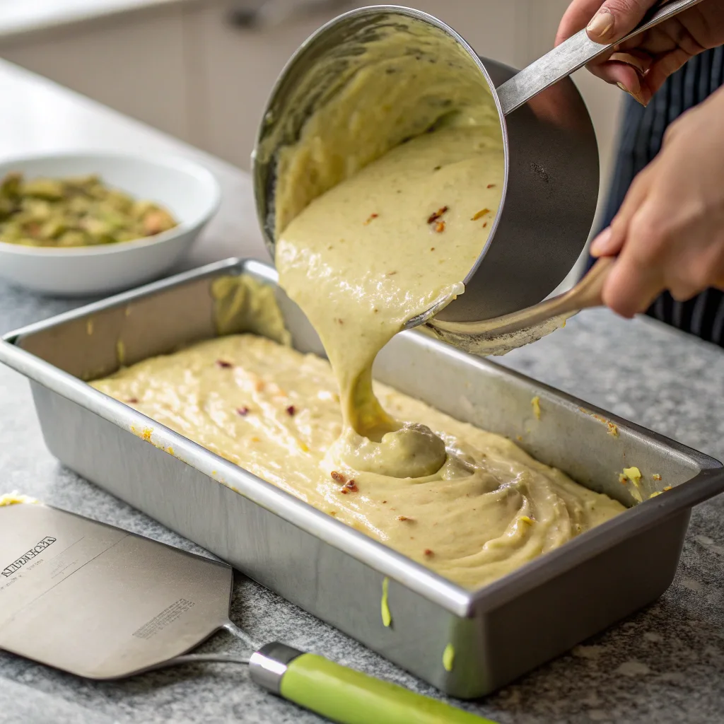 Pistachio Butter Banana Pound Cake – Moist, Nutty & Totally Irresistible 7 Pouring pistachio banana batter into pan
