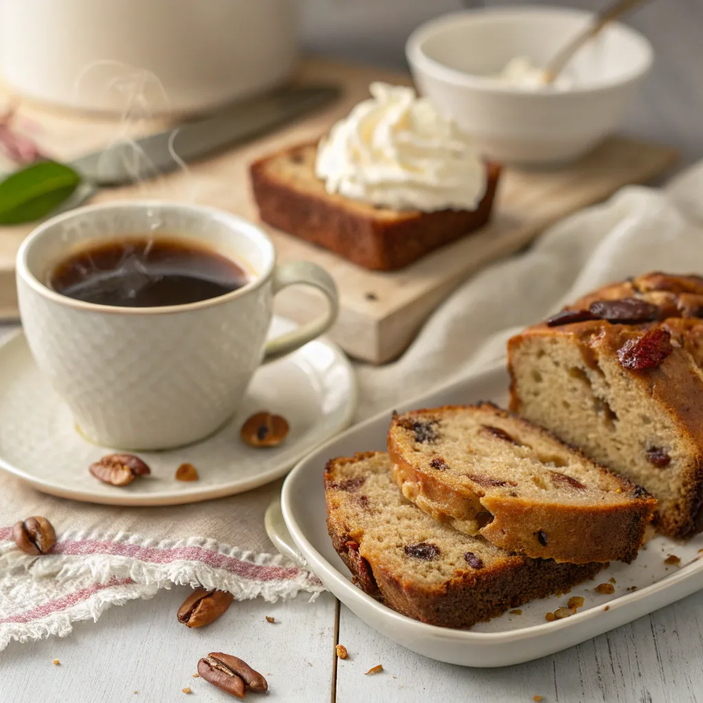 Banana Pecan Bread – The Ultimate Moist & Easy Recipe for Nutty Perfection 9 Banana pecan bread served with coffee