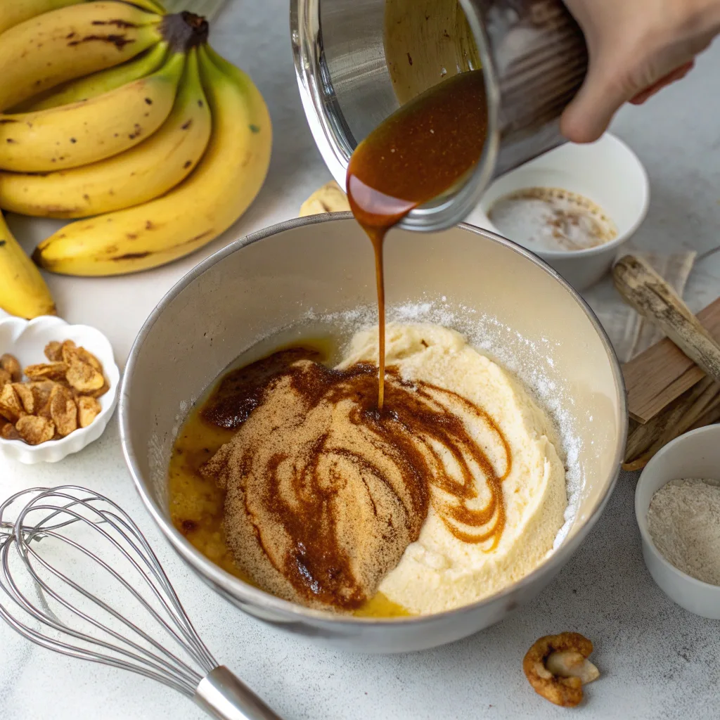 Brown Butter Banana Bread – The Ultimate Moist & Easy Recipe Guide 8 Browned butter being mixed into banana bread batter
