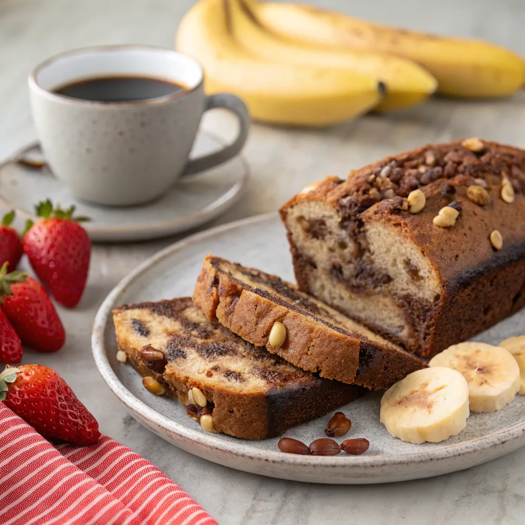 Chocolate Banana Peanut Butter Bread – The Ultimate Moist & Flavorful Loaf Guide 9 Sliced chocolate banana peanut butter bread served with coffee