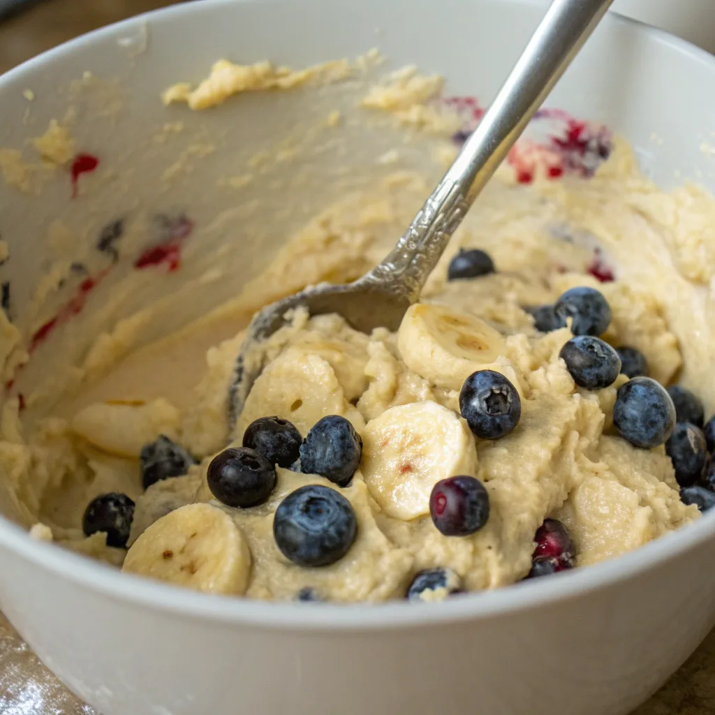 Health Banana Blueberry Muffins – The Best Moist & Healthy Treat You’ll Love Baking 7 Health banana blueberry muffin batter with fresh fruit