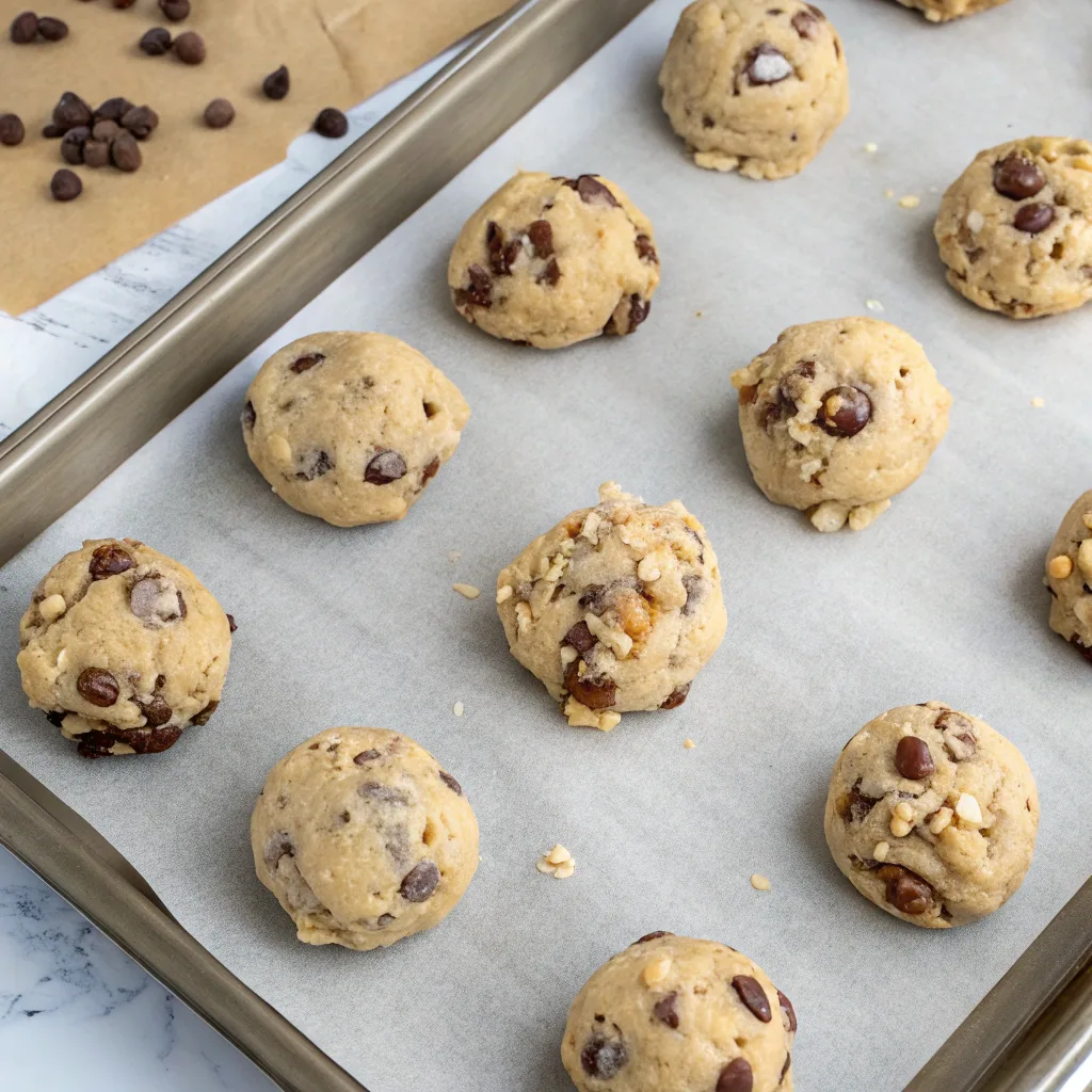 Banana Pudding Cake Mix Cookies – The Ultimate Soft and Moist Cookie Guide 7 Banana pudding cookie dough balls on baking tray