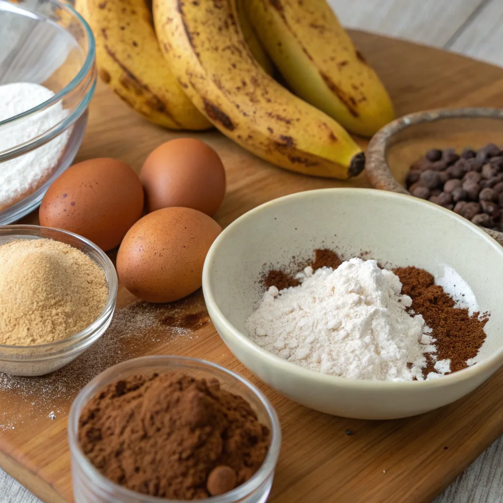 Chocolate Swirl Banana Bread – The Best Moist & Easy Swirled Recipe Ever 7 Chocolate banana bread ingredients on counter