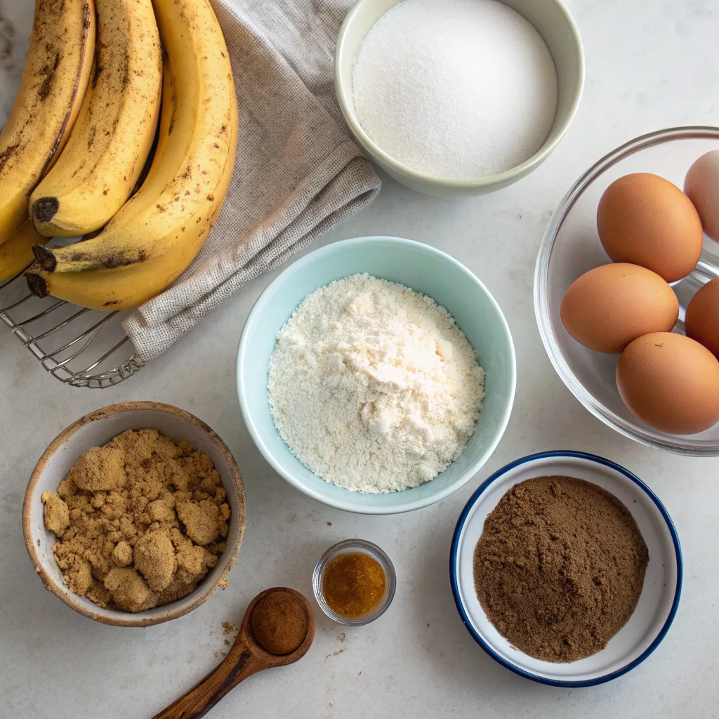Cinnamon Swirl Banana Bread – The Best Moist & Sweet Treat You’ll Crave 7 ingredients for cinnamon swirl banana bread laid out on a kitchen counter