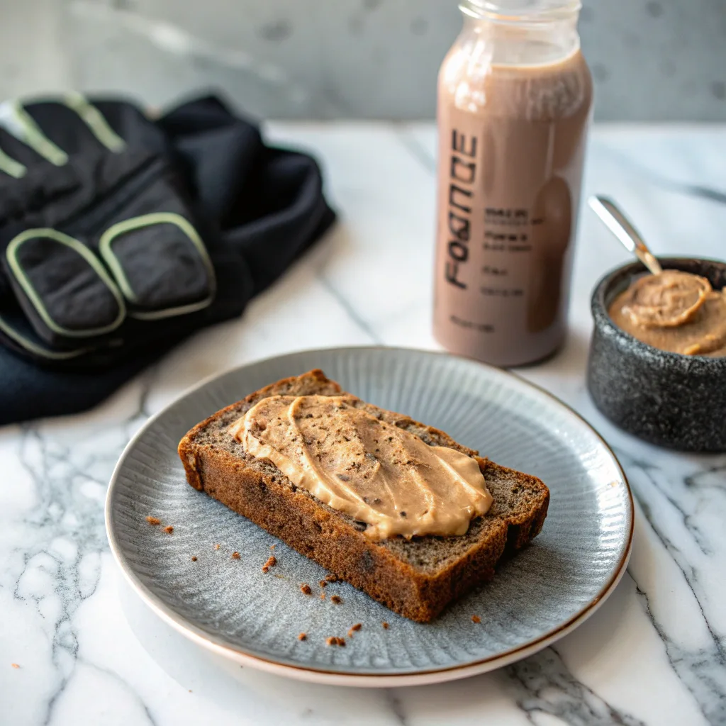 Protein Banana Bread: The Best High Protein Snack for Your Busy Days 7 Protein banana bread slice with almond butter and protein shake