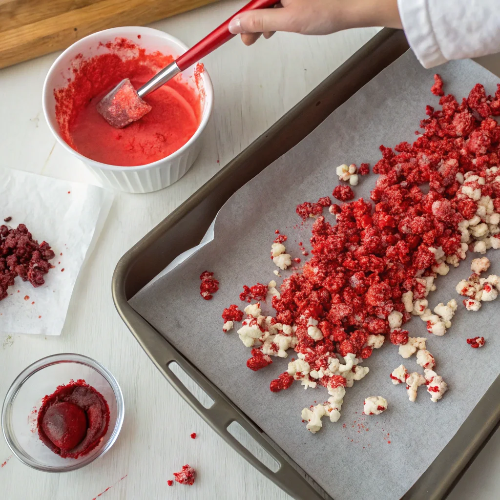 Bloody Red Velvet Popcorn – The Ultimate Hauntingly Sweet Halloween Treat 6 Red velvet popcorn coated with red candy glaze on baking sheet