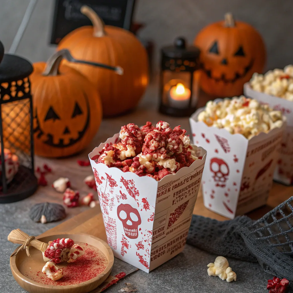 Bloody Red Velvet Popcorn – The Ultimate Hauntingly Sweet Halloween Treat 7 Bloody red velvet popcorn in Halloween treat bags