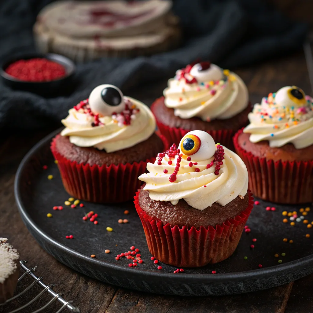 Halloween Red Velvet Cupcakes – The Best Spooky Dessert for Your Party Table 8 Vampire bite red velvet Halloween cupcakes